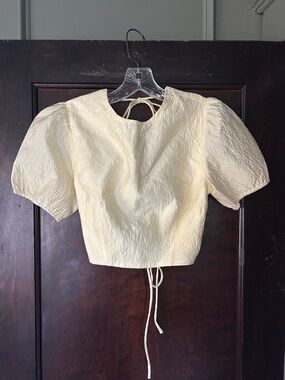 Bardot Textured Puff Sleeve Tie-Neck Top in Soft Yellow